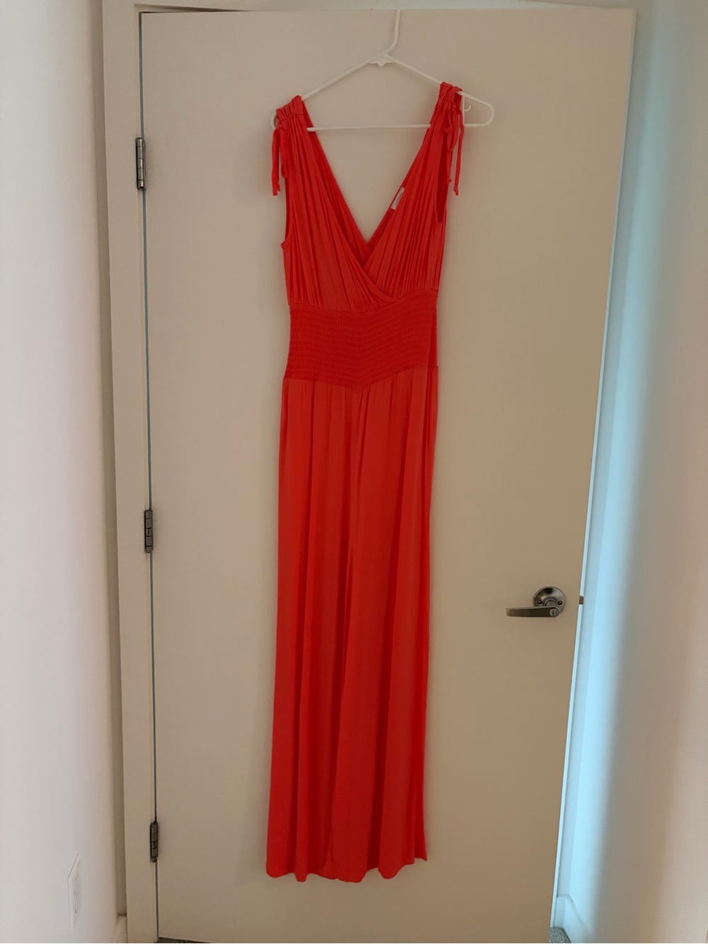 Women’s Pink V-Neck Maxi Jumpsuit with Smocked Waist